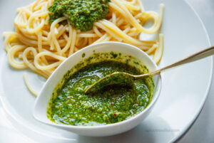 Delicious walnut and basil pesto in a bowl