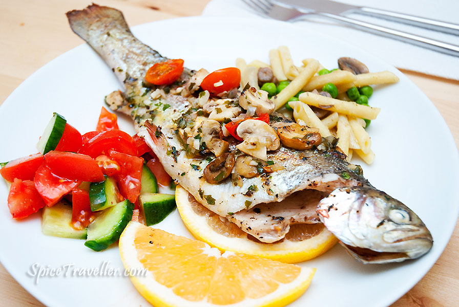 Baked Trout with Cherry Tomatoes and Button Mushrooms