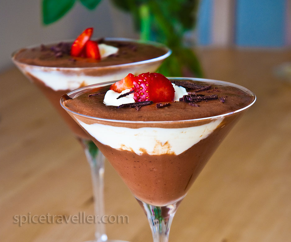 chocolate vanilla mousse dessert in a martini glass