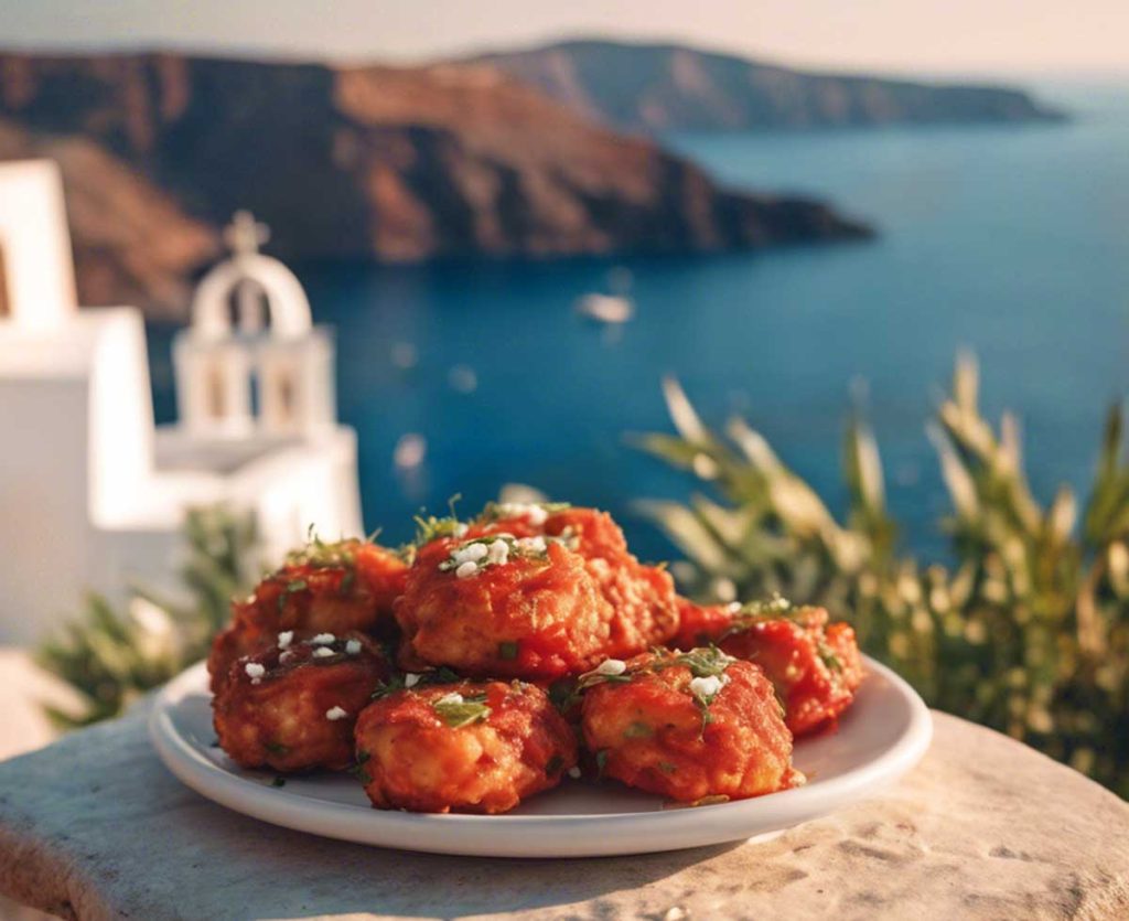 Picture postcard - Greek Santorini tomato and feta cheese fritters with Santorini and the sea in the background