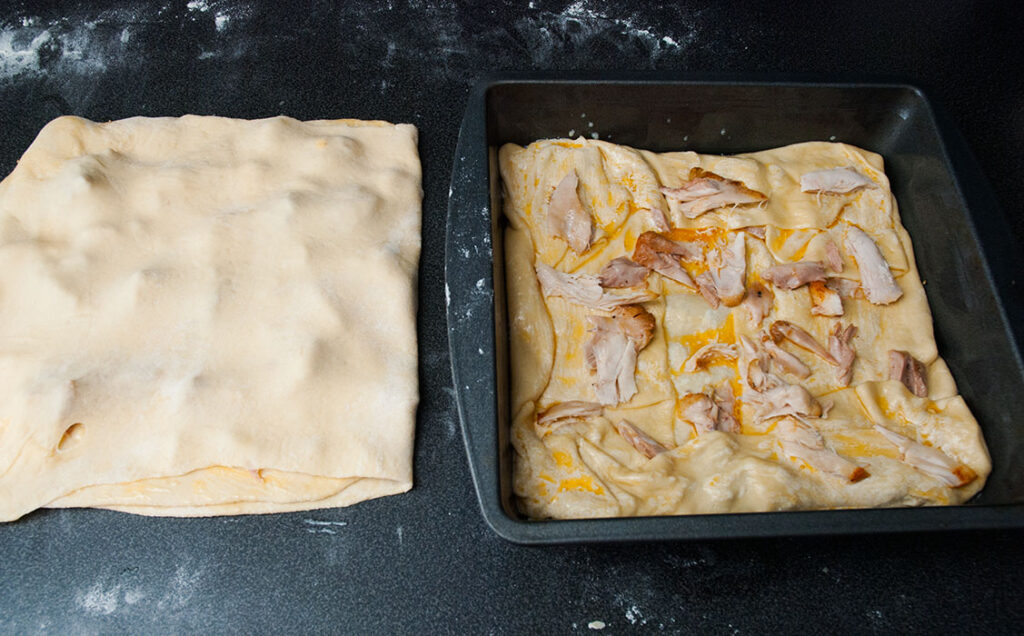 Assembling layered butter bread with chicken