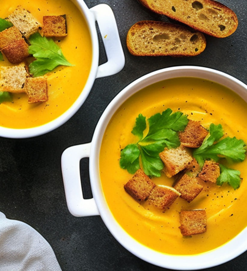 Halloween pumpkin and carrot soup served with integral bread croutons