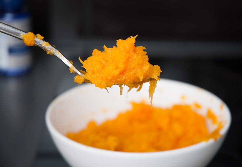 Close up of roasted pumpkin puree on a fork.