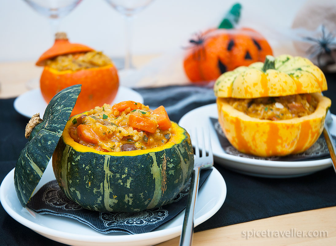 Halloween pumpkin risotto served in mini pumpkin bowls