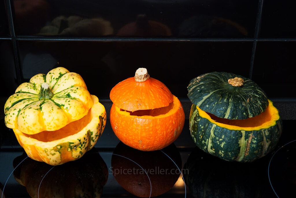 Mini pumpkin bowls ready to be used as serving bowls for risotto.