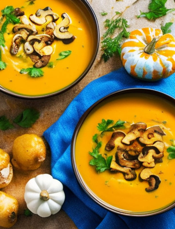 Halloween pumpkin and carrot soup served with mushrooms