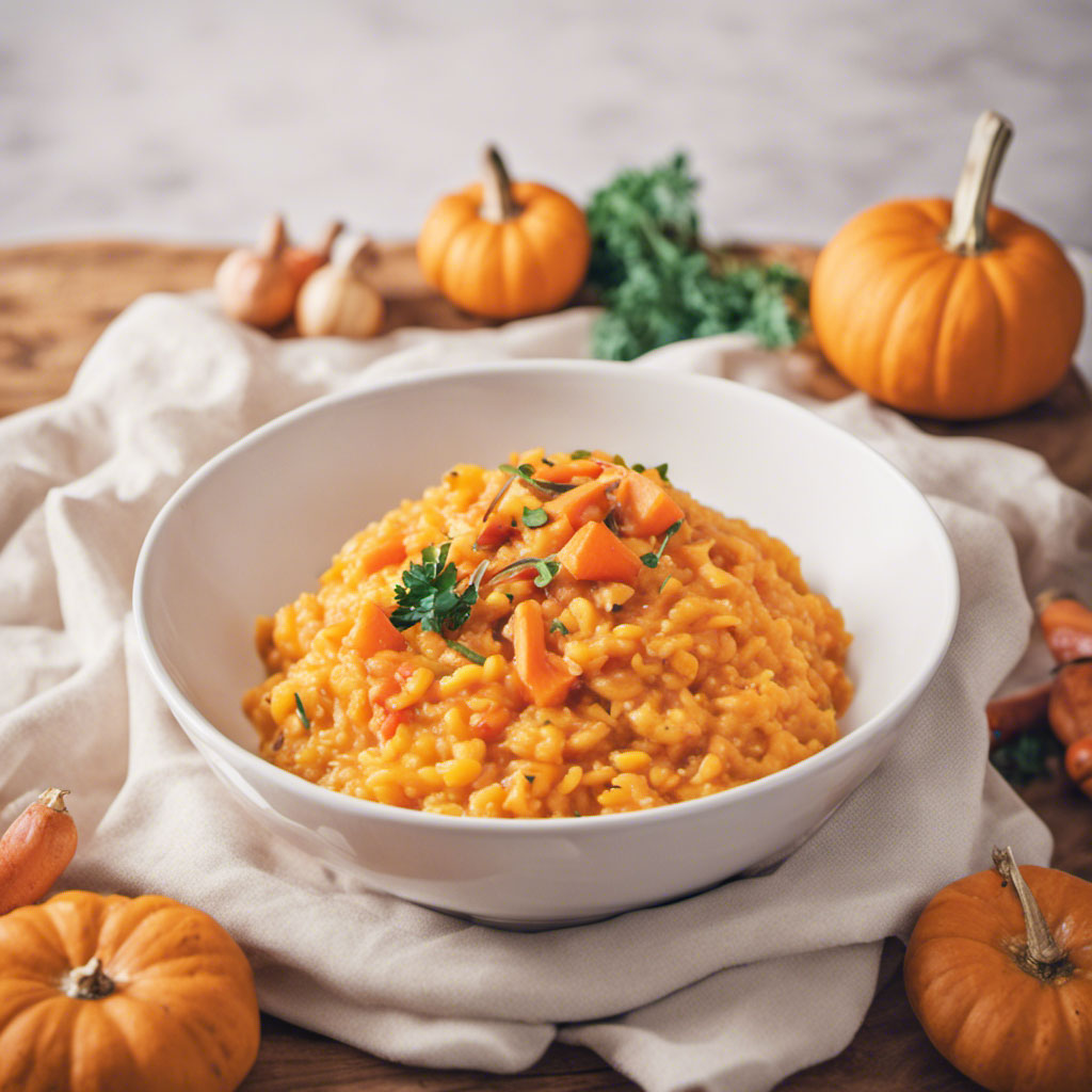 Halloween pumpkin risotto in a white bowl
