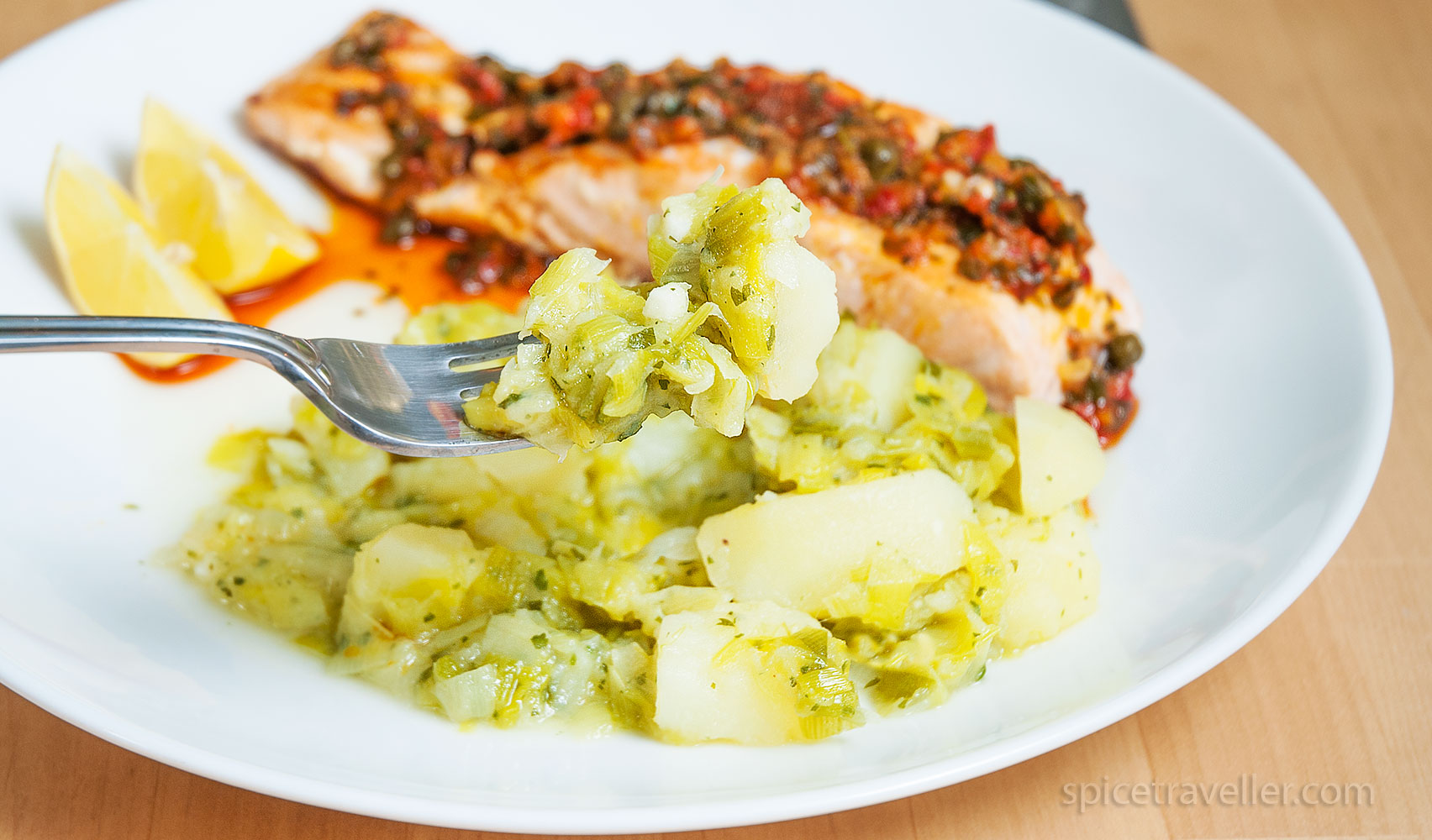 Simple and tasty Croatian leek and potato side dish, served with salmon