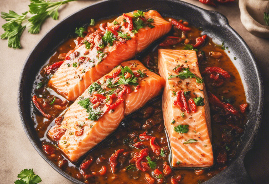 Salmon fillets cooked in Med-Asian spicy sauce. 