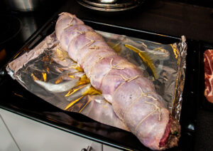 whole turkey roulade tied and ready to roast
