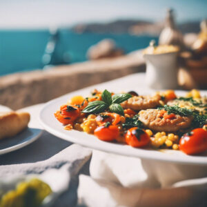 Mediterranean food on a plate by the sea - explore international recipes