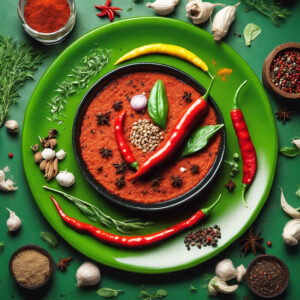 Spices and chili on a green plate - explore international spicy recipes