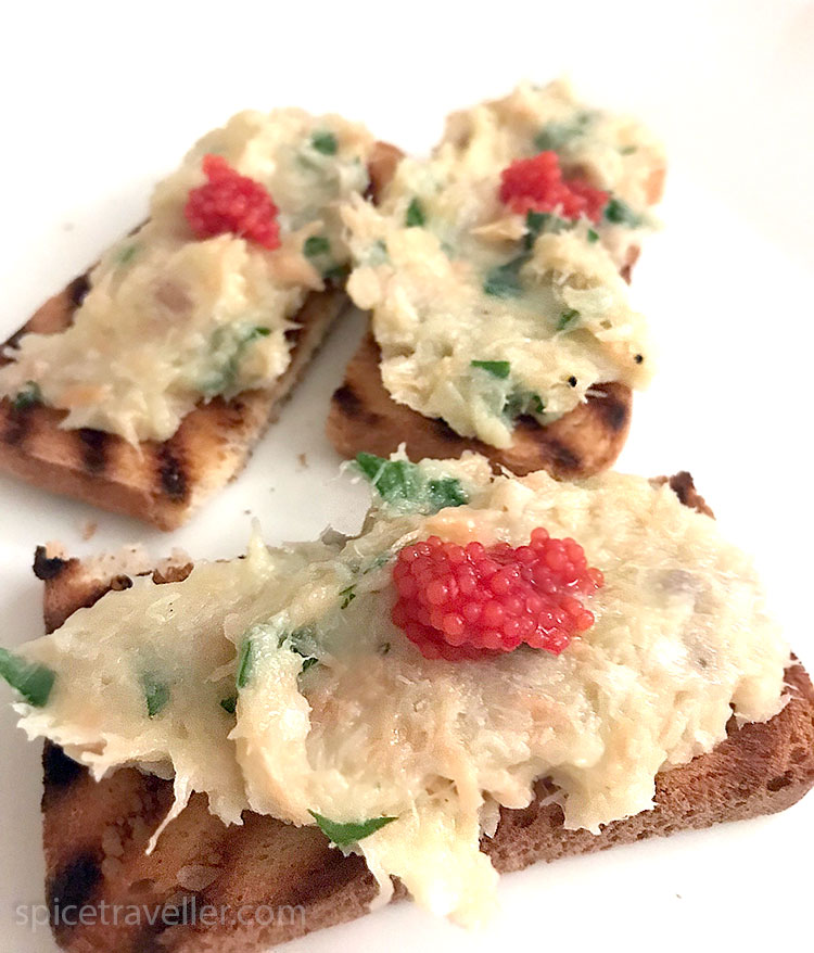 cod and crab pate or mash served on brown bread with red caviar