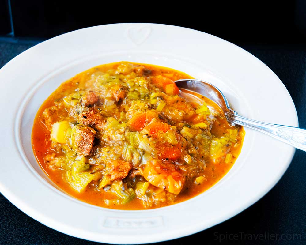 Plate of delicious pork and leek stew