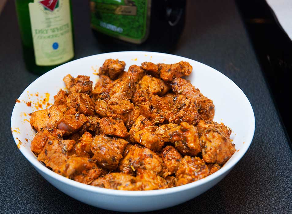 Bowl of quickly fried marinated pork pieces