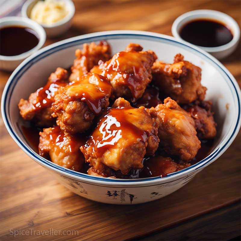 Sweet and sour chicken pieces covered in traditional sauce