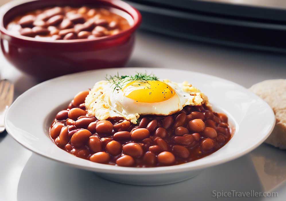 A plate full of baked beans served with fried egg on top.