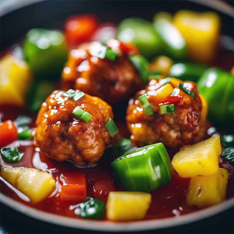 Close up of sweet and sour chicken meatballs cooked with chunks of pineapple and green peppers