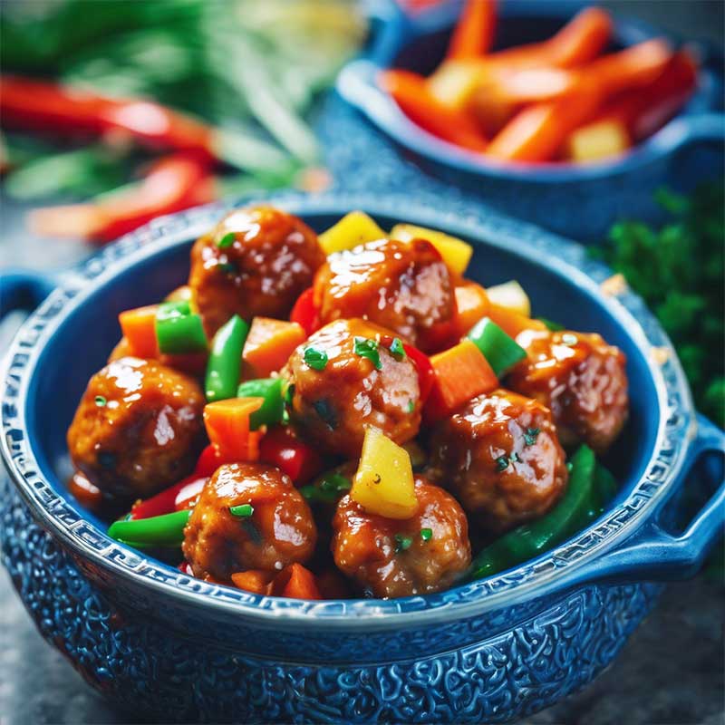 sweet and sour chicken meatballs served in a blue chinese bowl