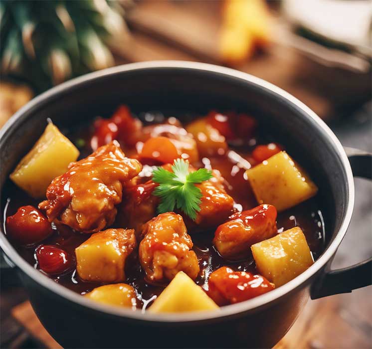 Chicken pieces cooking in a sauce with pineapple and peppers
