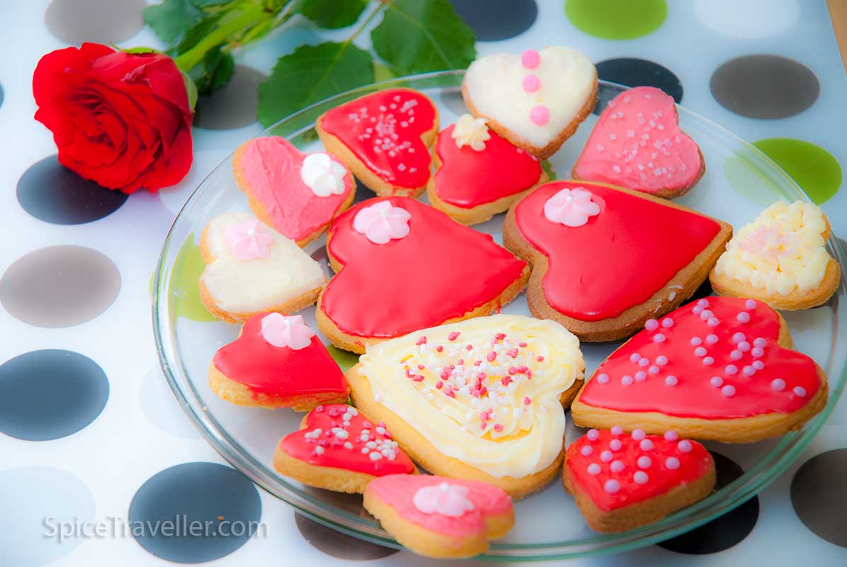 Selection of Valentines heart shaped lemon biscuits covered with red icing