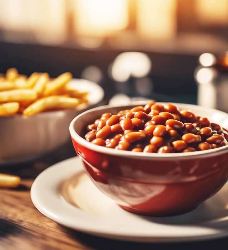 A red bowl of simple baked beans served with  French fries