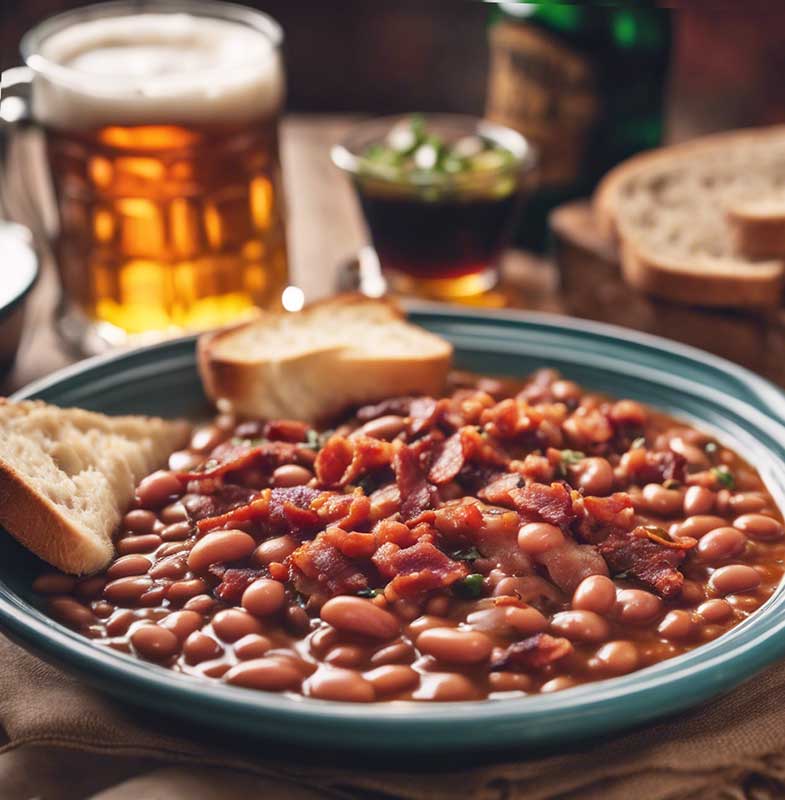 Delicious baked beans with bacon served with white bread and a galss of beer