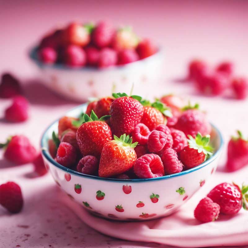 Beautiful bowl full of fresh raspberries and strawberries