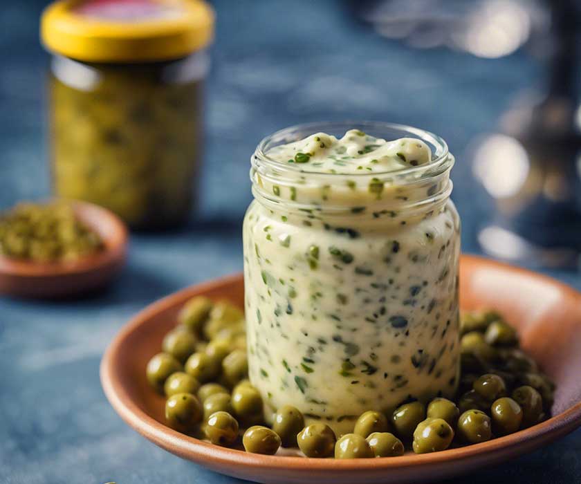 Jar of tartare sauce and capers used to mix with fish and to stuff  roasted pepper rolls