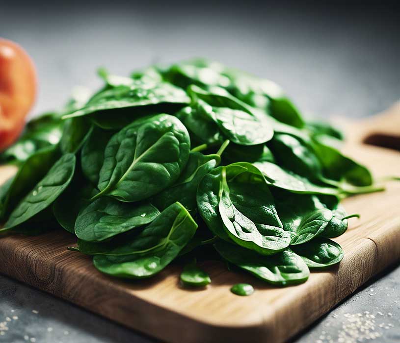 spinach leaves on a wooden chopping board