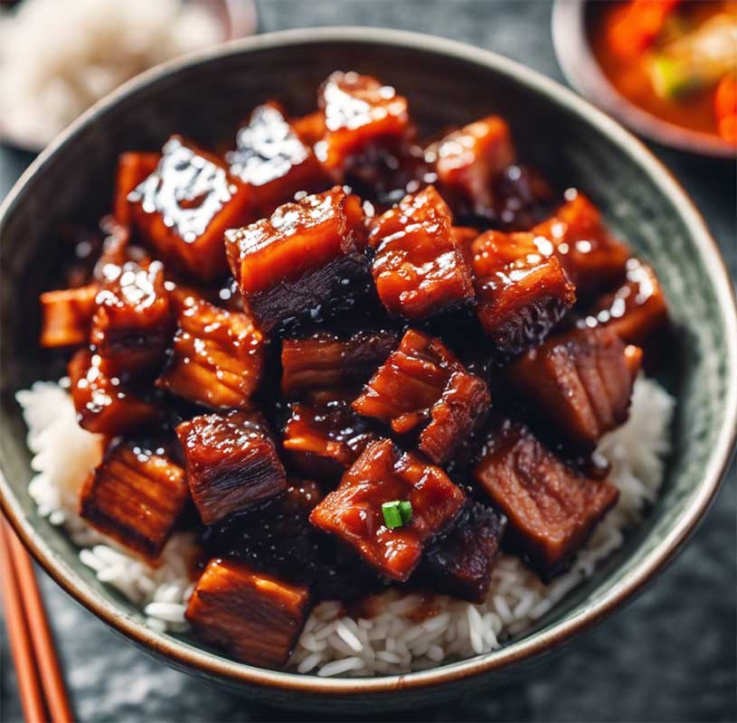 sweet chinese pork belly pieces in a bowl with rice