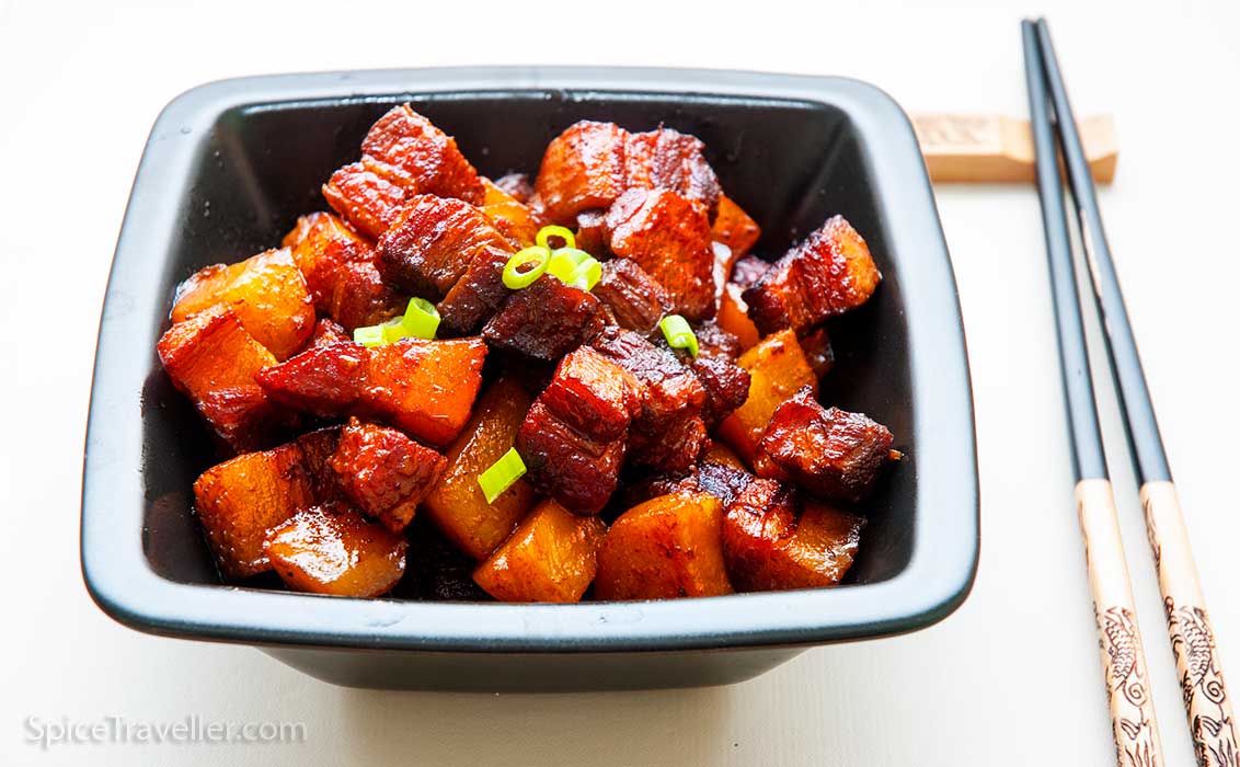 Black squared bowl with red-brasied chinese pork belly