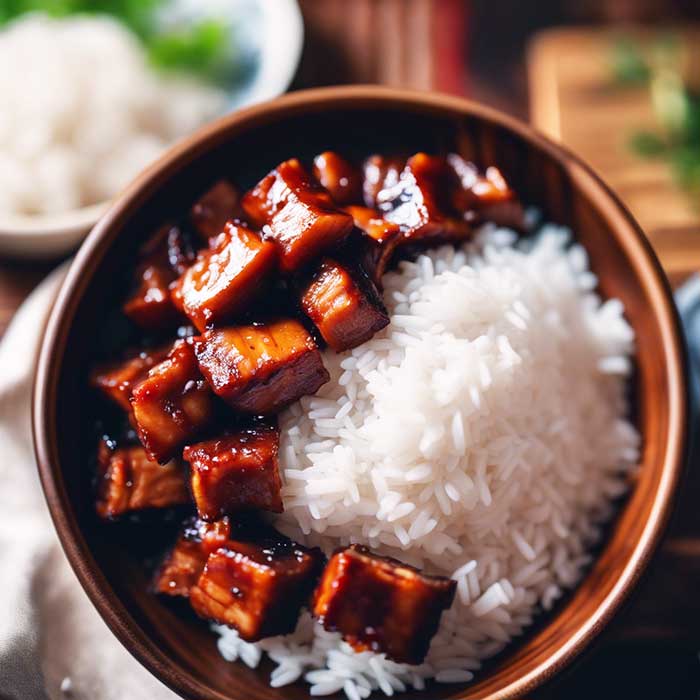 chinese sweet pork belly served with rice