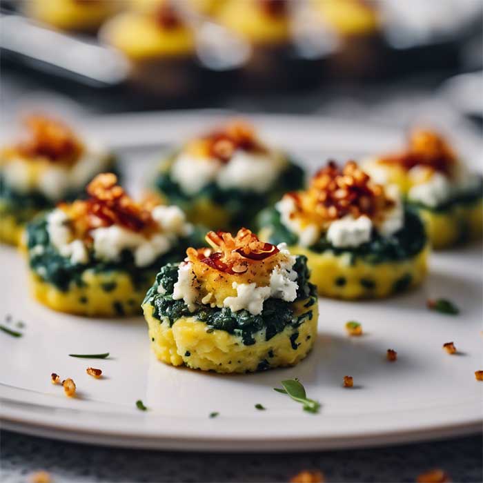 small polenta and spinach cakes topped with feta cheese and chili served as canapes