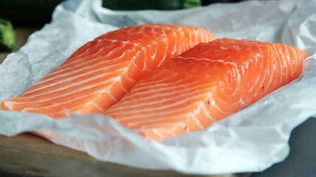 Two fresh salmon fillets, perfect for Japanese spicy salmon fried rice ( firecracker rice)