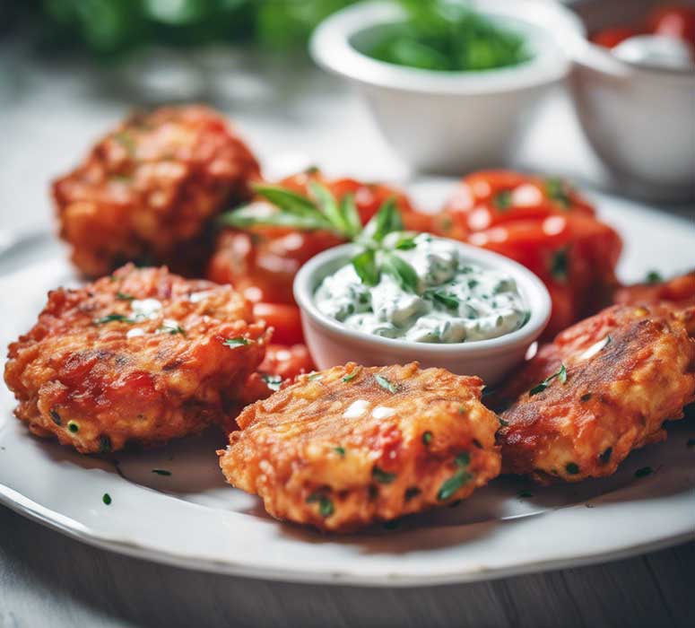 Greek tomato and feta cheese fritters served with a dip.