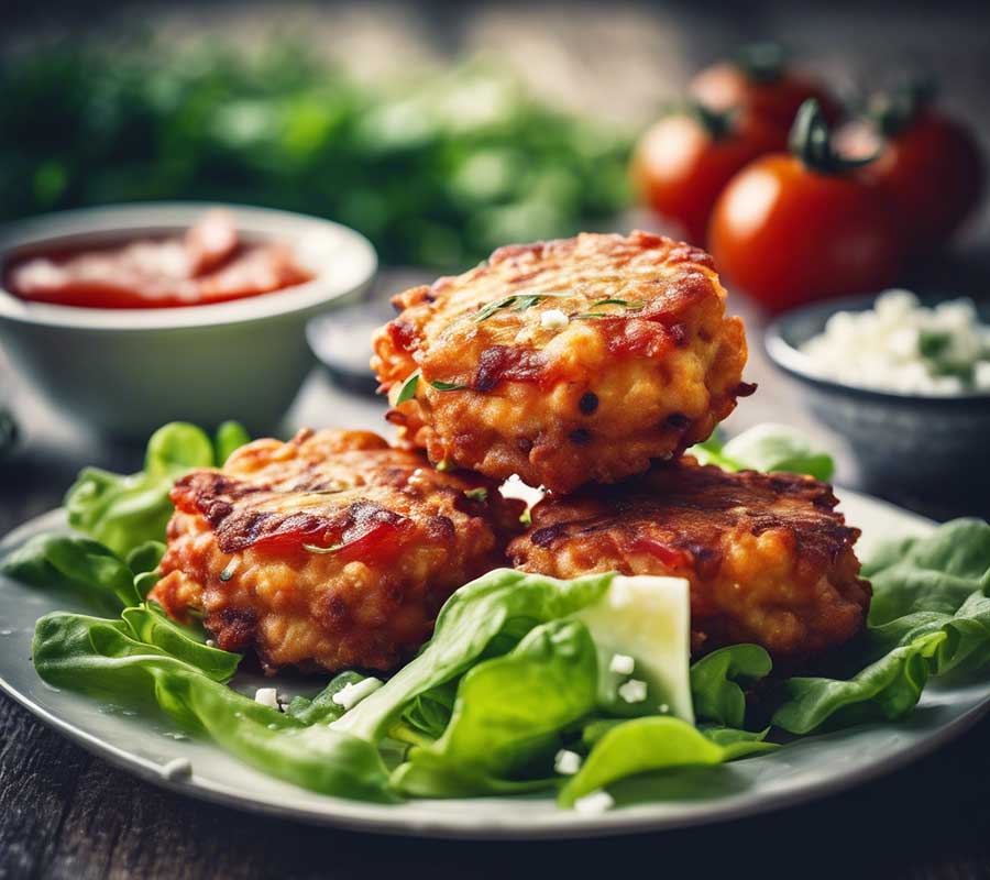 Greek tomato and feta cheese fritters served on abed of green salad leaves.