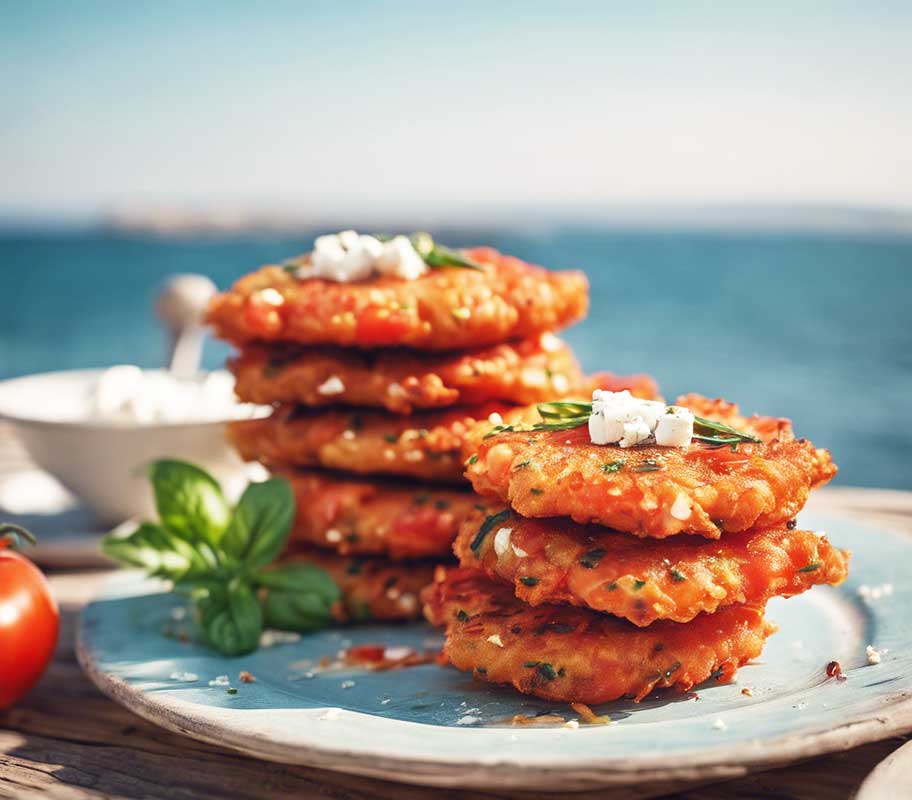 Flat Greek tomato and feta cheese fritters by the seaside