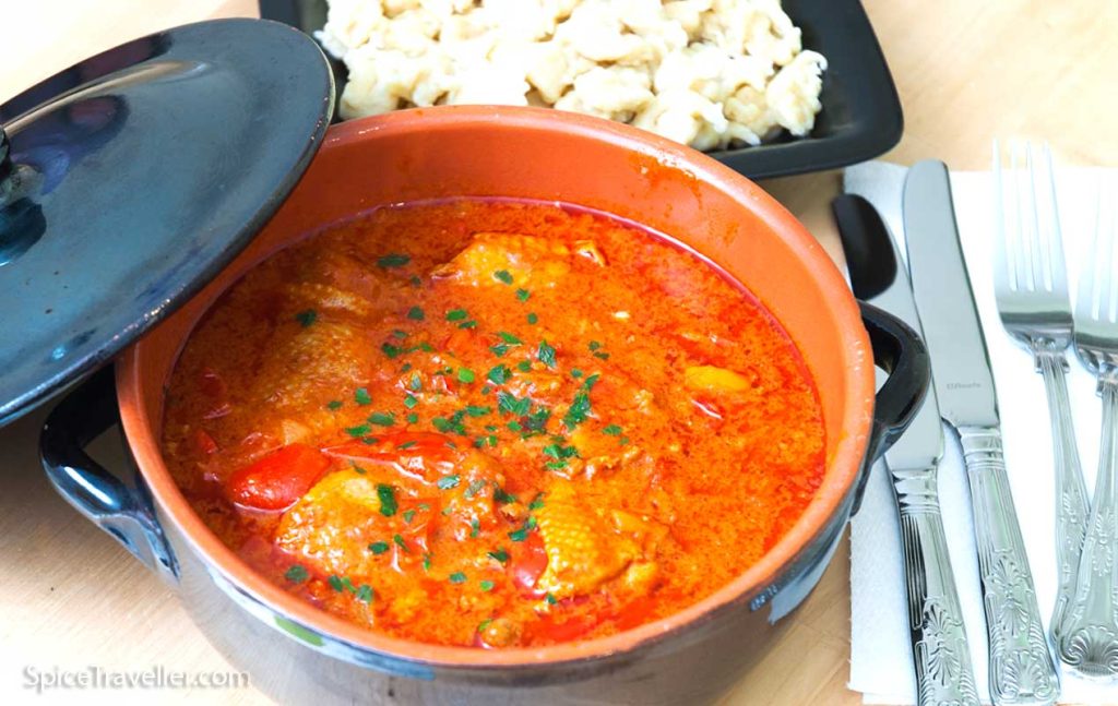 Authentic Hungarian Chicken paprikash Stew served in individual pot with lid