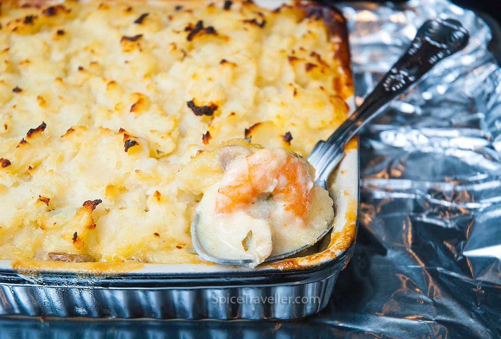 close up of perfectly baked luxury seafood  fish pie