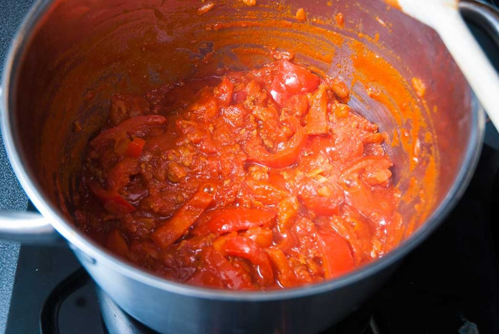 Finished Hungarian peppers and tomato sauce for Chicken paprikash. 