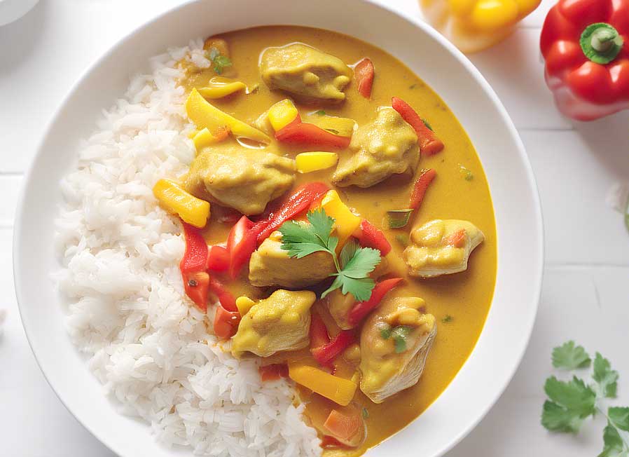 Serving suggestion: British-style creamy chicken curry served in a white bowl over Basmati  rice