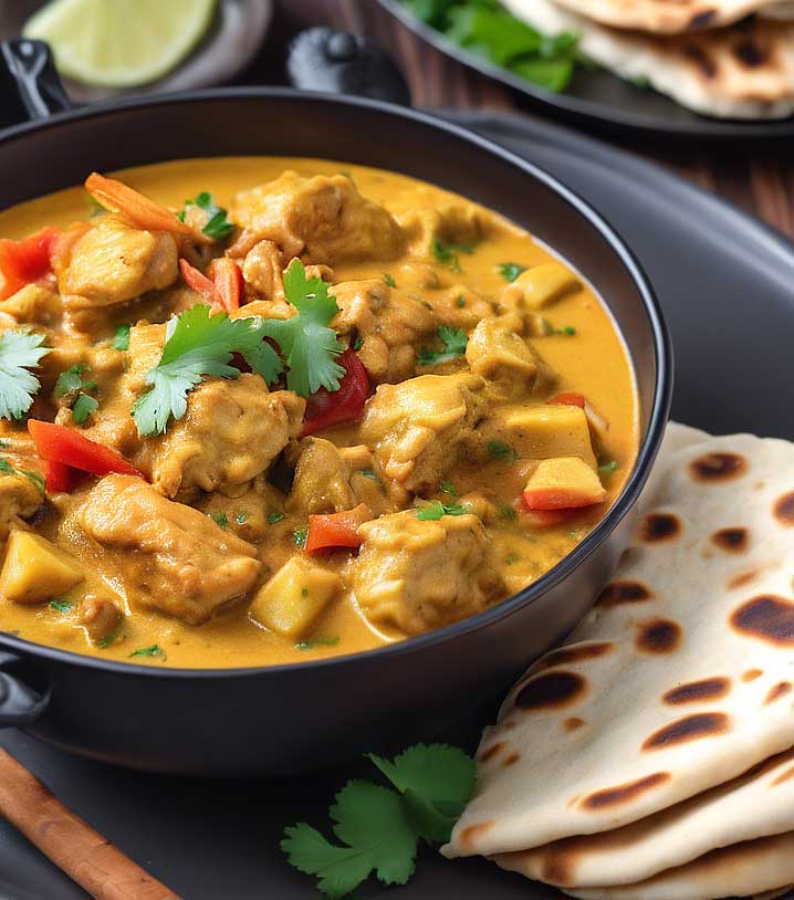 Serving suggestion: Black bowl of delicious creamy British-style chicken curry served with Naan bread