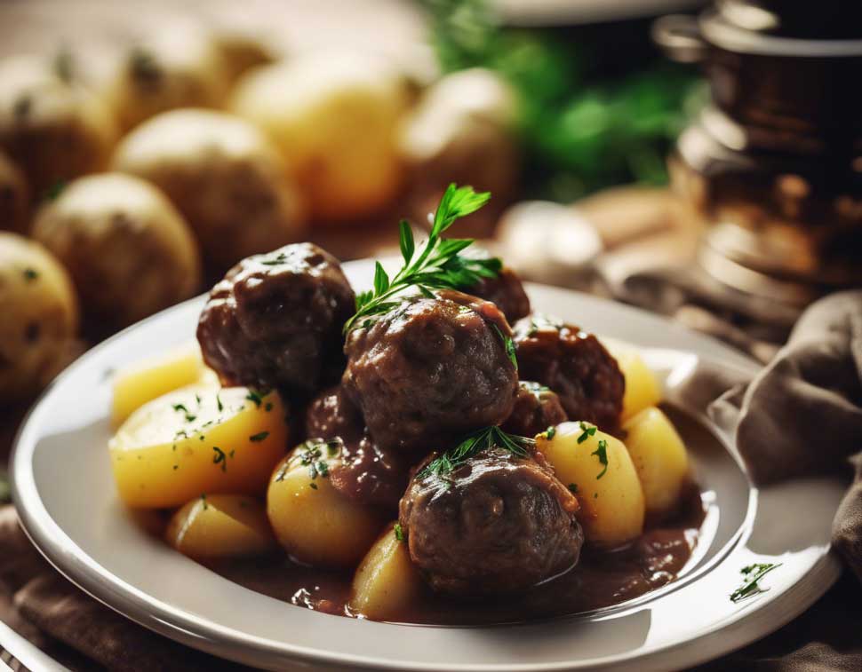 Belgian beef stew meatballs served over boiled potatoes.