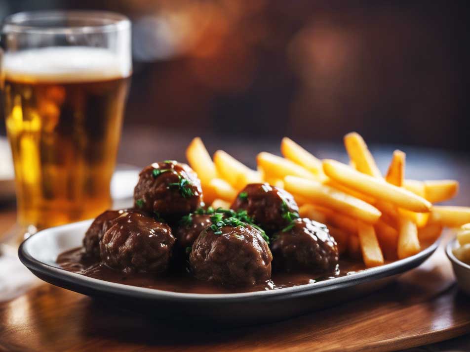 Belgian beef stew meatballs served with french fries and a glass of beer.