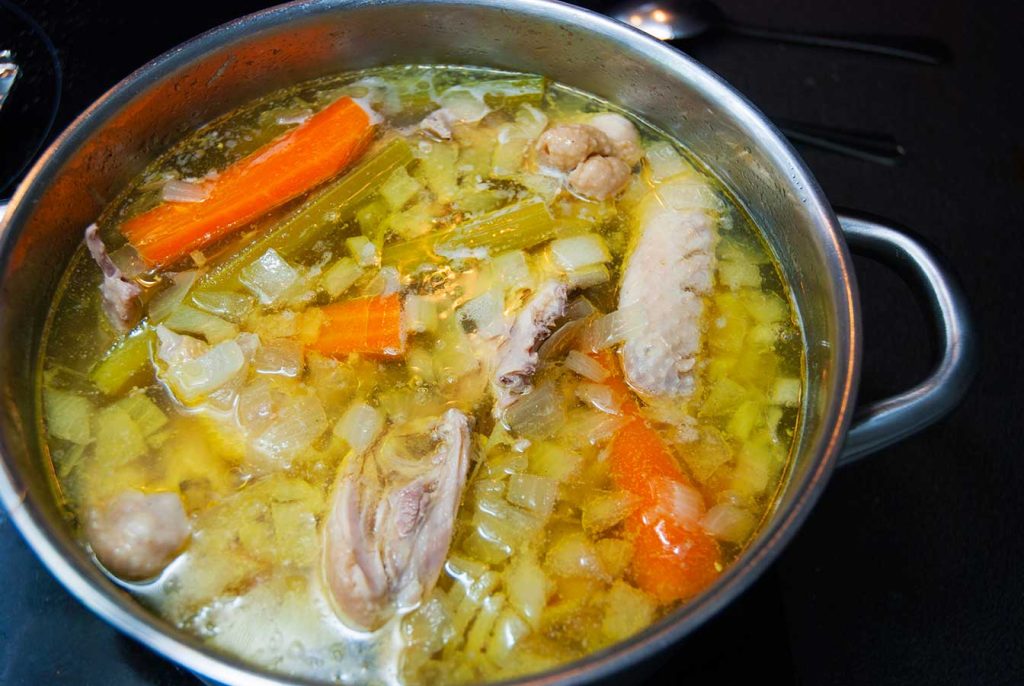 Delicious homemade chicken broth.