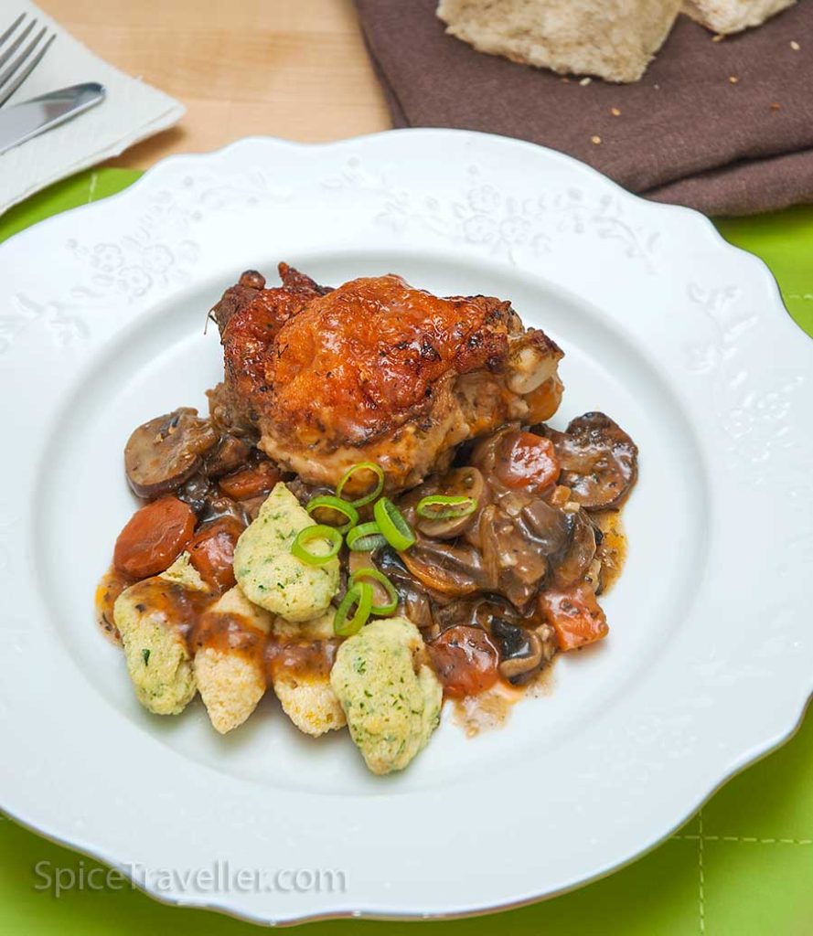 Delicious French Hunter's Chicken thigh served with dumplings.