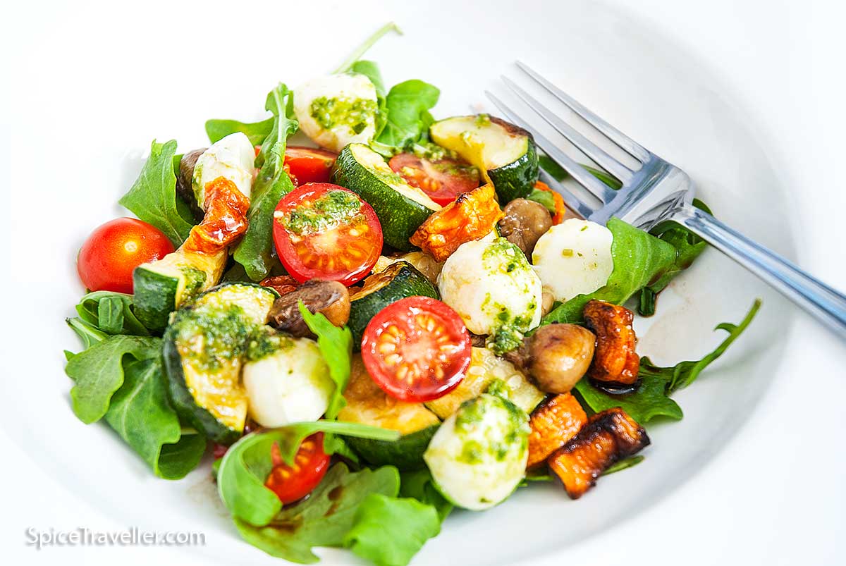 Bowl of colourful delicious Monte Carlo roasted vegetable salad