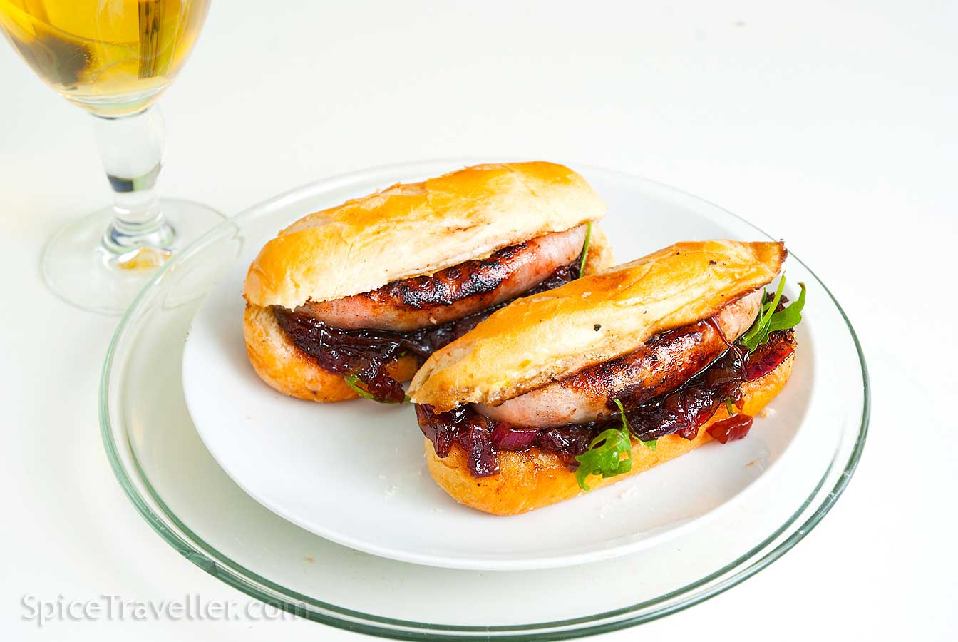 Two Australian snags - sausage hot dogs with onions