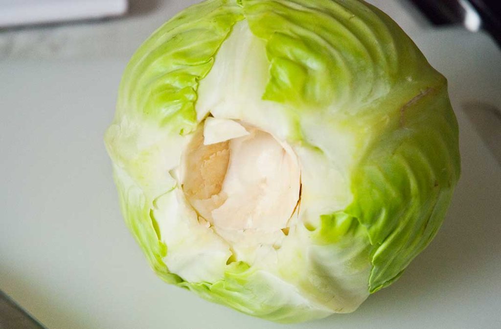 A large head of cabbage with the core removed, ready for cooking.